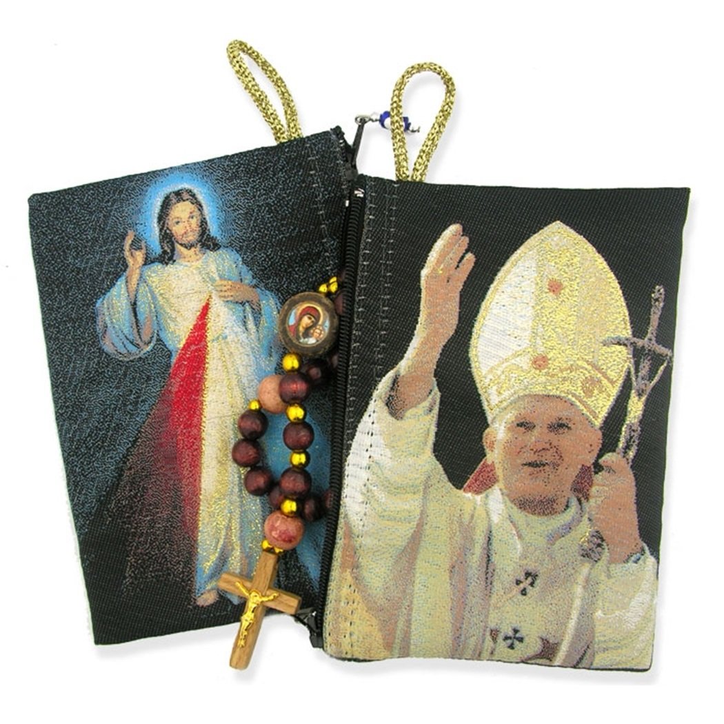Religious Gifts Saint John Paul II with Divine Mercy Icon Cloth Tapestry Rosary Pouch, 5 3/8 Inch