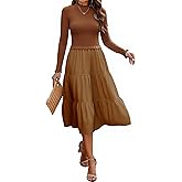 ECOWISH Sweater Dresses for Women 2026 - Fall Patchwork Long Sleeve Knit Flowy A-Line Midi Casual One Piece Outfits