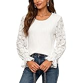 ZIMSSI Womens Tie Front Lace Eyelet Tops Floral Crochet Crewneck Bow Tie Top Long Sleeve Blouse