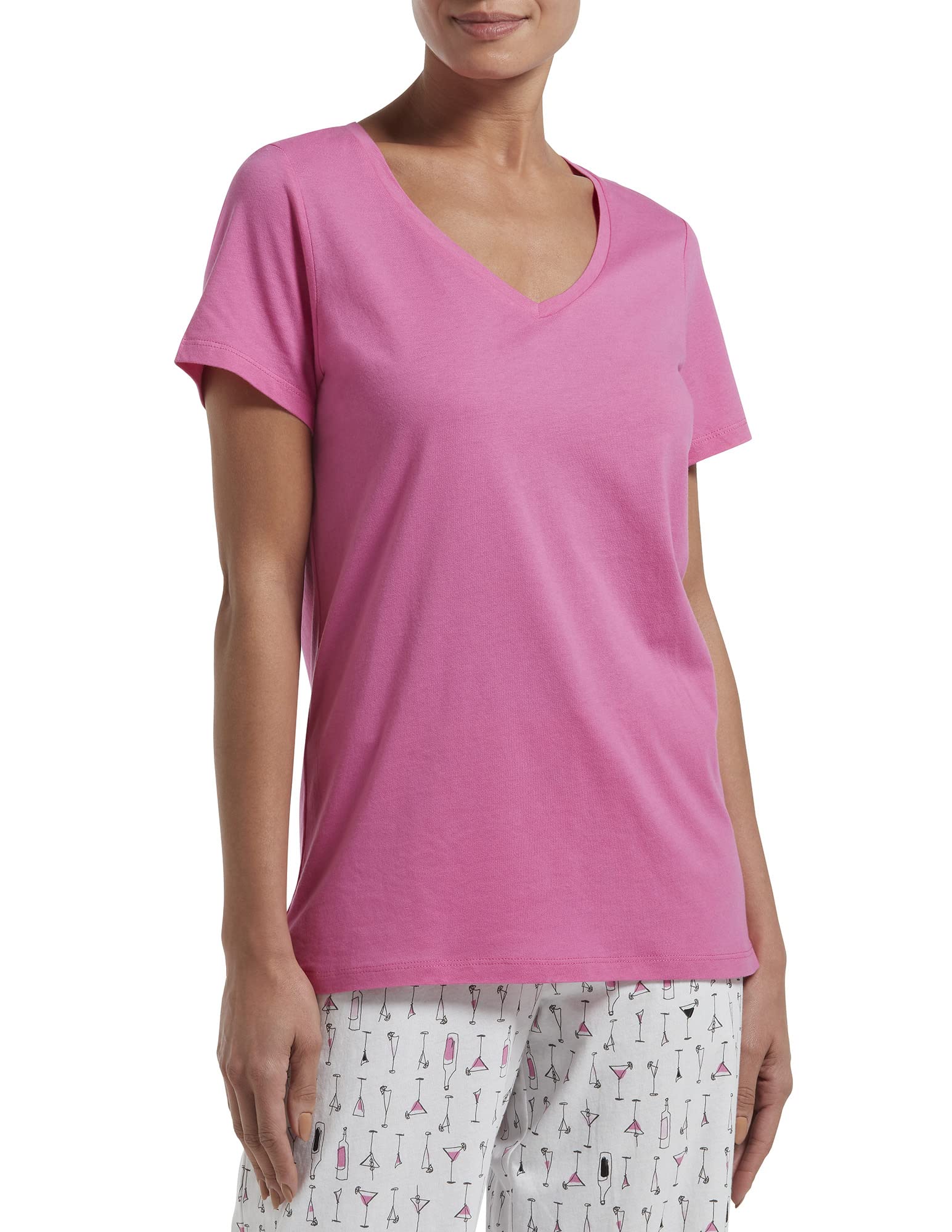 HUE Women’s Basic Short Sleeve V-Neck T-Shirt for Lounging Or Sleeping, Made with Temperature Regulating Technology, Phlox Pink, Medium