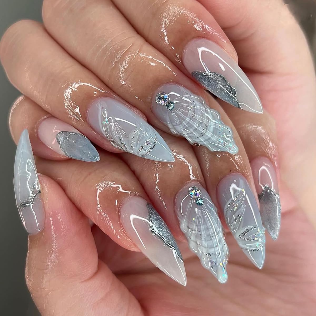 Photo 1 of 24 Pcs Press on Nails Short Almond - YEFIUO Blue Nail Tips Acrylic Nail Kit 3D Shell Texture Rhinestone Charms Nail Art Fake Nails Press ons French Tip Glue on Nails Full Cover False Nails for Women