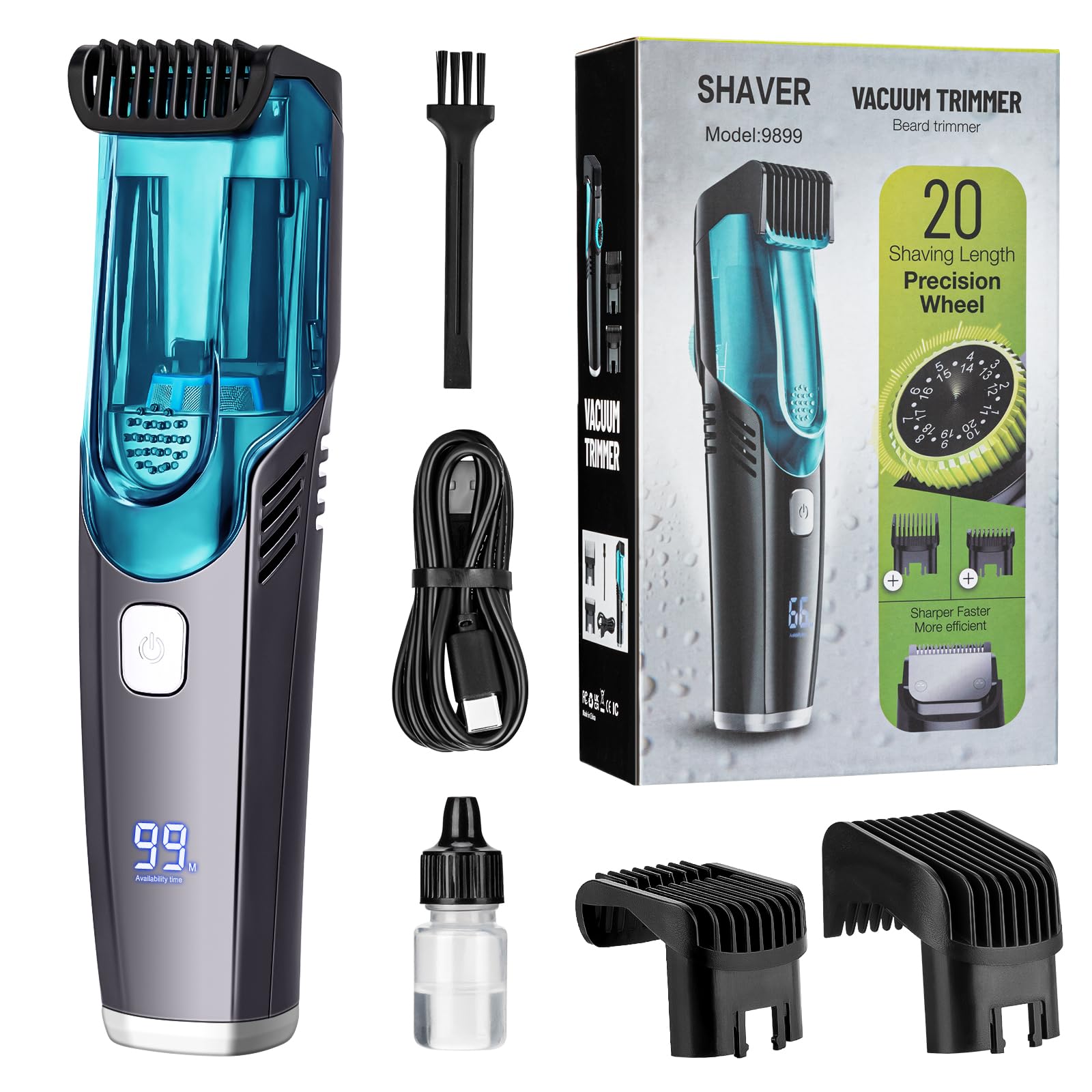 Vacuum Beard Trimmer for Men with 20 Length and Styles Adjustable, Built-in Vacuum Trimmer for Mustache, Sideburns, Facial Hair, Rechargeable Mustache Trimmer，Blue