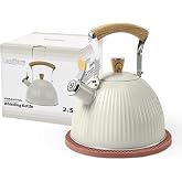 LONFFERY Fluted Tea Kettle for Stove Top | 2.5 Quart / 85 OZ Food Grade Stainless Steel Tea Pot with Wood Pattern Folding Handle, Cream White