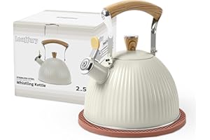 LONFFERY Tea Kettle for Stove Top, 2.5 Quart Whistling Tea Kettle, Stainless Steel and Wood Pattern Folding Handle, Creamy White