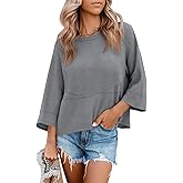 Tankaneo Womens 3/4 Batwing Sleeve Tops Casual Loose Fit Crewneck Shirts Fall Flowy Trendy Tees Blouse