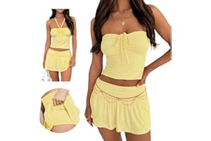Hafailia Summer Two Piece Outfits for Women Y2K Going Out Tie Ruched Tube Crop Tops Low Rise Pleated Mini Skort Skirt Sets