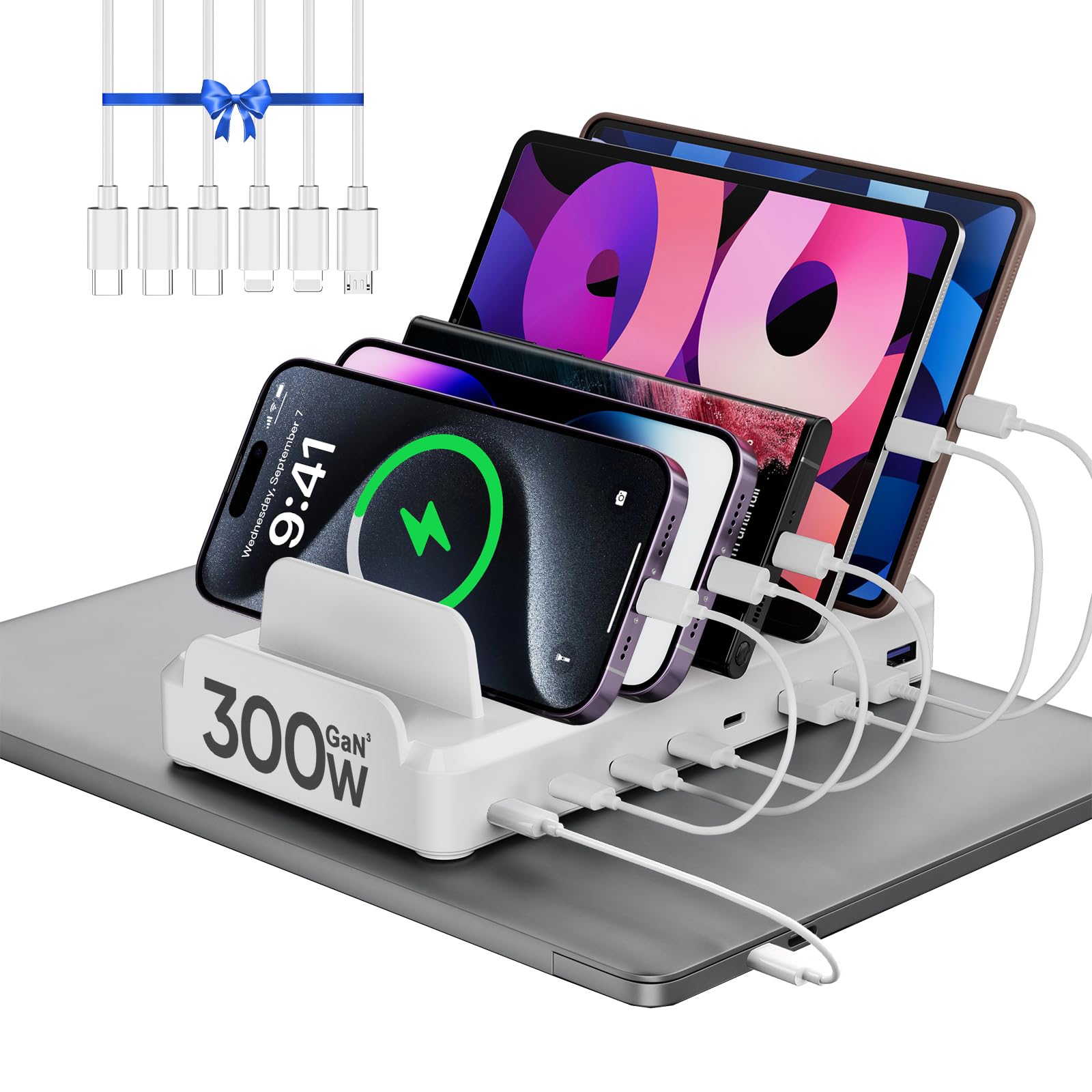Photo 1 of 300W Charging Station for Multiple Devices, 8 Port Multi USB C Fast Charger Station Dock for MacBook iPhone 16/15/14/13/12 Samsung Pixel Series iPad, White (6 Mixed Short Cables Included)