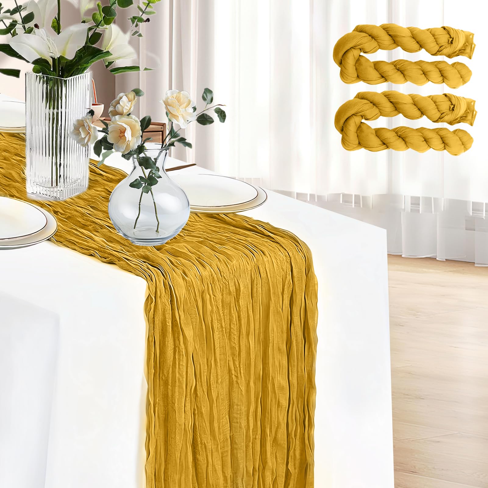 Photo 1 of 2 Pack Table Runner Gold 120 Inches Spring Summer Gauze Cheese Cloth Runner for Wedding 10Ft Sheer Table Runners for Bridal Shower Sheer Gauze Home Decorations
