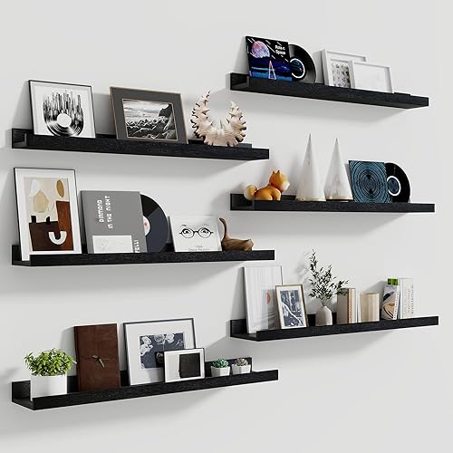 Fun Memories Picture Ledge Shelf, 36 Inch Long Floating Shelves Set of 6, Picture Shelf for Wall with Lip, Large Nursery Book Shelves for Storage, Wall Shelves for Living Room Bedroom Kitchen, Black