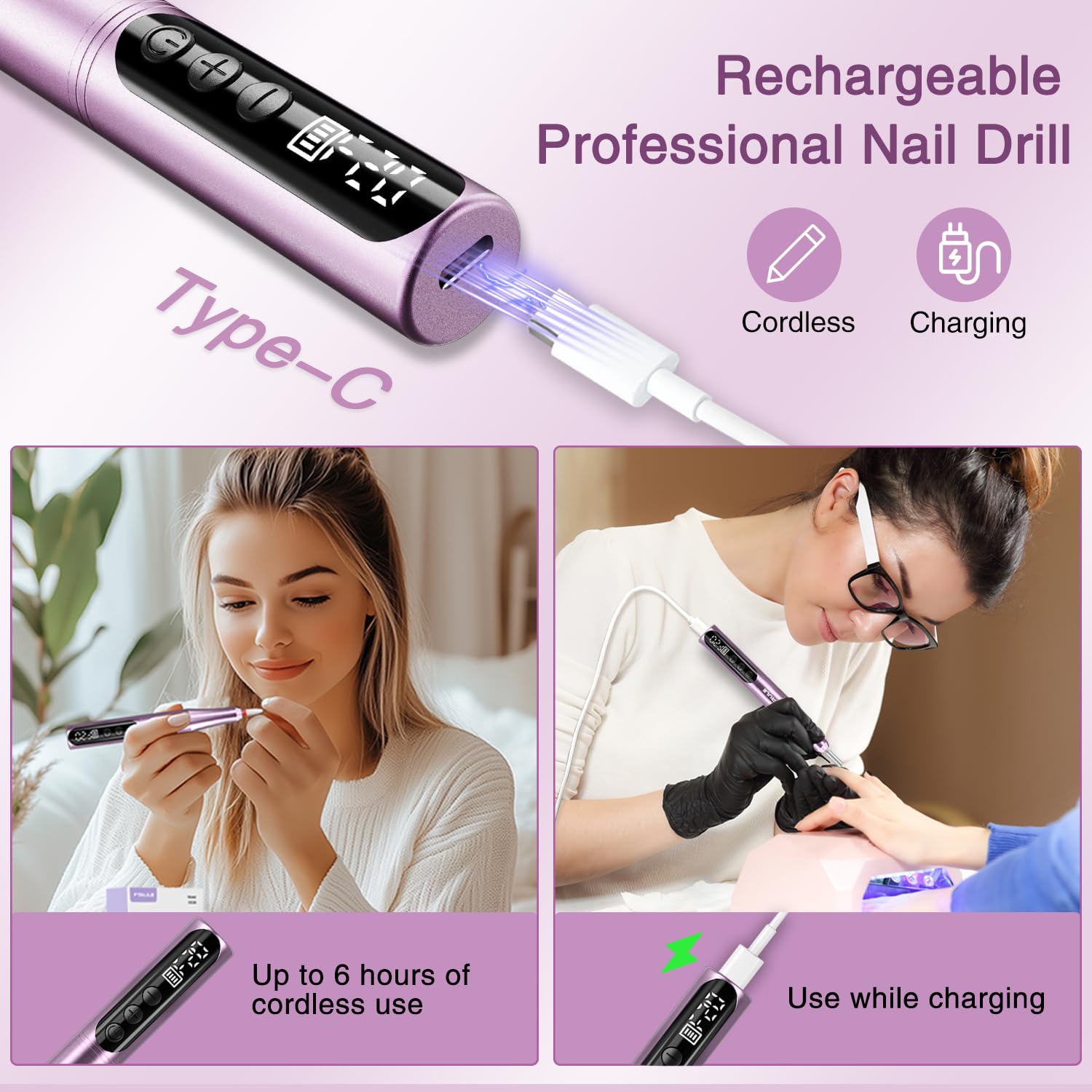 Electric Cordless Nail Drill File: LED Display Professional Portable Nail Drill for Acrylic Gel Dip Powder Nails Manicure Pedicure Kit Tool with Nail Drill Bits Sanding Bands, Purple - Image 4