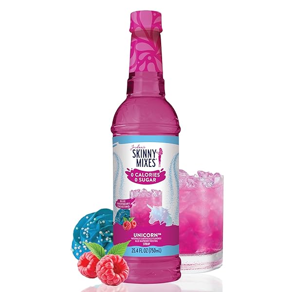 JORDAN’S SKINNY MIXES SUGAR FREE SYRUP, UNICORN FLAVOR, FRUIT FLAVORED WATER ENHANCER, DRINK MIX FOR ICED TEA, LEMONADE, DRINKS, LOW CALORIE WATER FLAVORING, DAIRY & GLUTEN FREE, KOSHER, 25.4 FL OZ