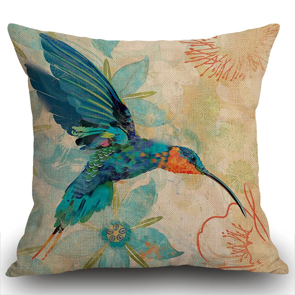 Smooffly Bird Cushion Cover Blue Orange Hummingbird Bird Teal Aqua Red Flowers Cotton Linen Throw Pillow Case 18 x 18 Inches Standard Square Decorative Pillow Cover for Sofa and Bed 45x45cm