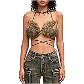 MakeMeChic Women's Faux Fur Bra Top Furry Halter Backless Crop Tops Criss Cross Tank Top Rave Party Clubwear