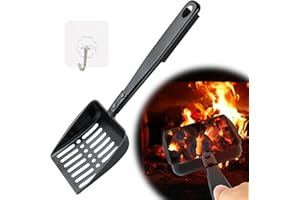 FANTANG 13 Inch Hollow Out Fireplace Ash Sifter Metal Black Coal Shovel Heat Resistant Scoop Charcoal Shovel Tools With Self-Adhesive Hook for Wood Stove Indoor Fire Pit