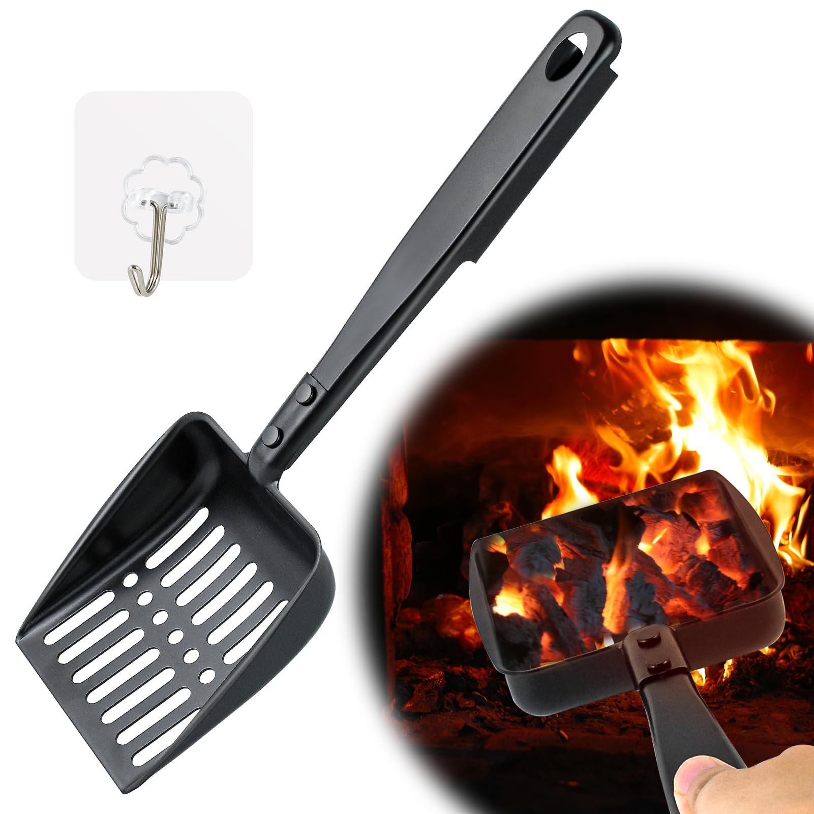 View 1 of 13 Inch Hollow Out Fireplace Ash Sifter Metal Black Coal Shovel Heat Resistant Scoop Charcoal Shovel Tools With Self-Adhesive Hook for Wood Stove Indoor Fire Pit