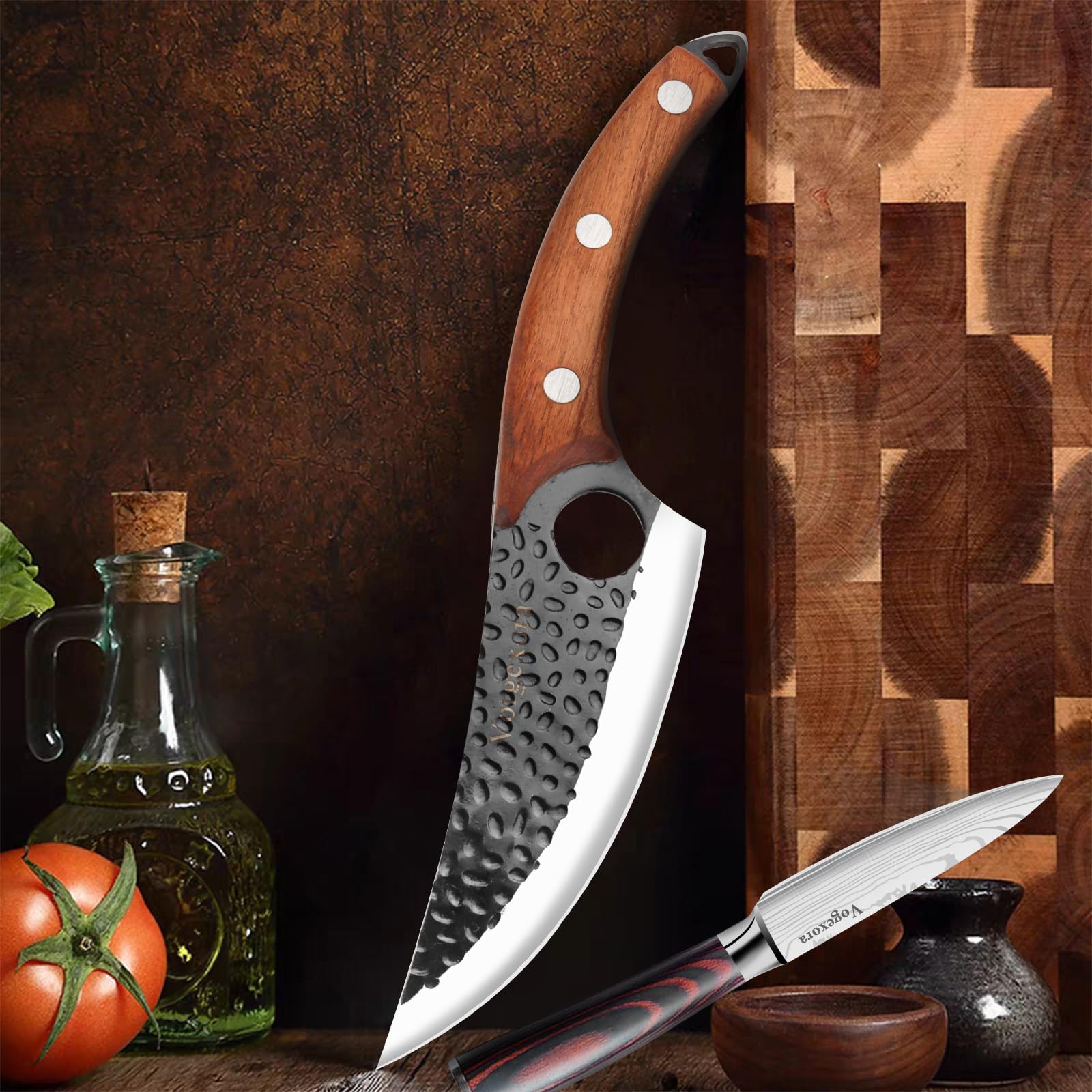 3-Piece Butcher Chef Knife and Viking Meat Cleaver High Carbon Steel Paring Knives with Sheath for Cooking, Chopping, Outdoor Camping BBQ Gift Ideas for Men