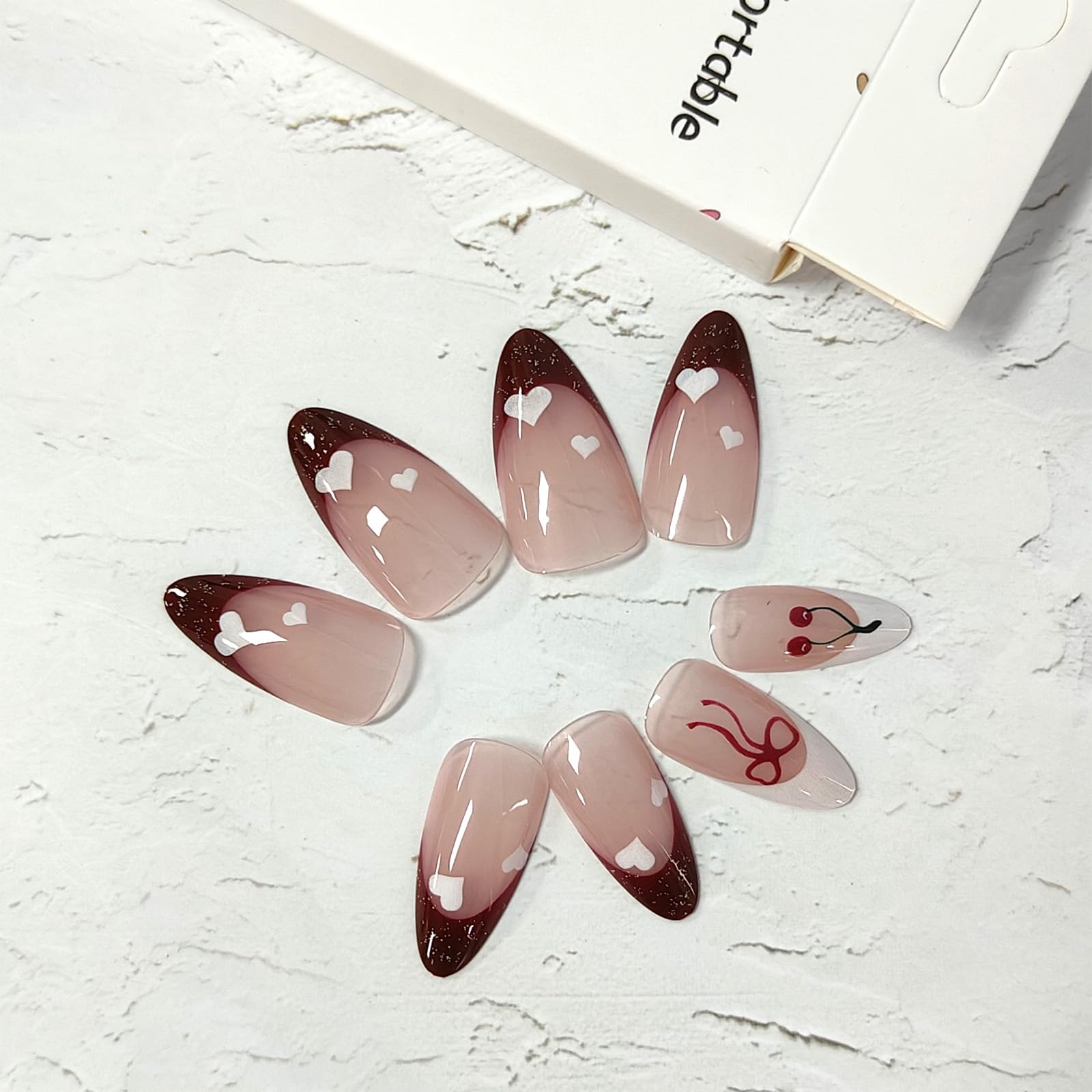 24Pcs French Tip Press on Nails Medium Almond Fake Nails with Red Cherry Bow Heart Designs Glossy False Nails Cute Acrylic Nails Gel Glue on Nails for Coquette Women Girlfriend Gift - Image 2