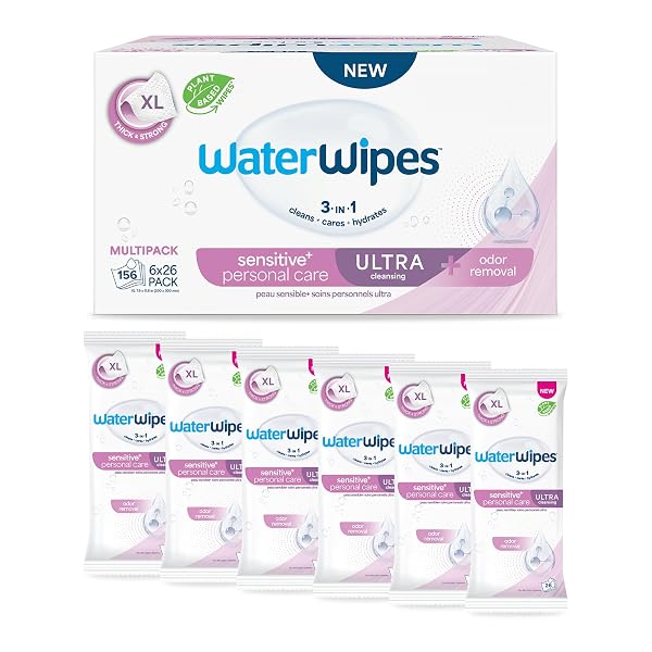 WATERWIPES SENSITIVE PERSONAL CARE ULTRA, INCONTINENCE WIPES, ODOR REMOVAL, HEAVY DUTY XL TEXTURED WIPES, FRAGRANCE FREE, 156 COUNT (6 PACKS)