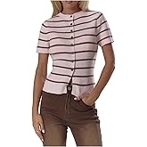Milumia Women's Button Up Striped Knit Shirt Crewneck Short Sleeve Sweater Tops Cardigan