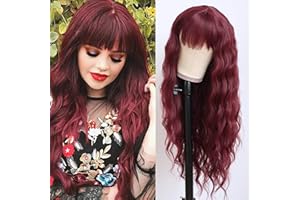 Netgo Burgundy Wigs, Wine Red Wigs with Bangs, Long Curly Wavy Wig for Women, Heat Resistant Fiber Synthetic Daily Cosplay Party Wigs for Girl