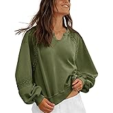 Fisoew Womens Oversized Sweatshirt Casual V Neck Lace Lantern Long Sleeve Cropped Loose Fit Fall Pullover Tops