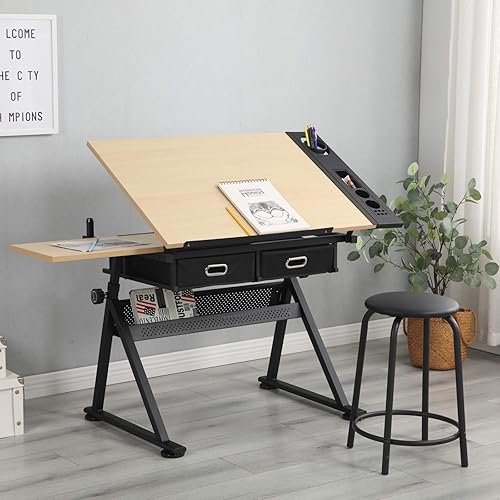 Height Adjustable Drafting Table, Wooden Drawing Desk with Stool