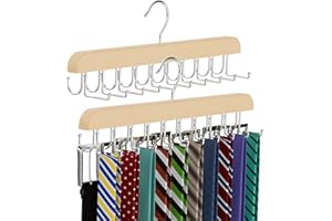 2-in-1 Belt and Tie Hanger for Closet, Upgraded Tie Rack with 20 Foldable Non-Slip Hooks, Max 30 Belts and 30 Ties, Wooden Ha