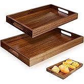 2 Pack Solid Acacia Wood Serving Trays with Handles, Rectangular Wooden Serving Platters, Decorative Servings Trays Set, Portable Ottoman Tray–Great for Lap &Couch, 16"+15"