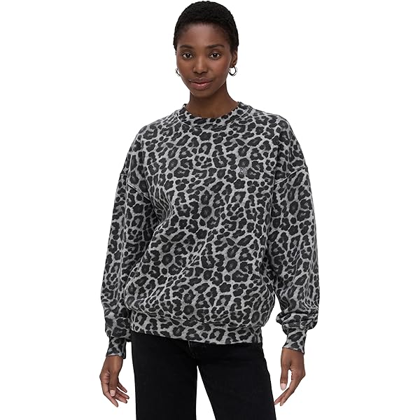 ANINE BING Women's Sydney Crew Sweater, Black and Brown Leopard, S
