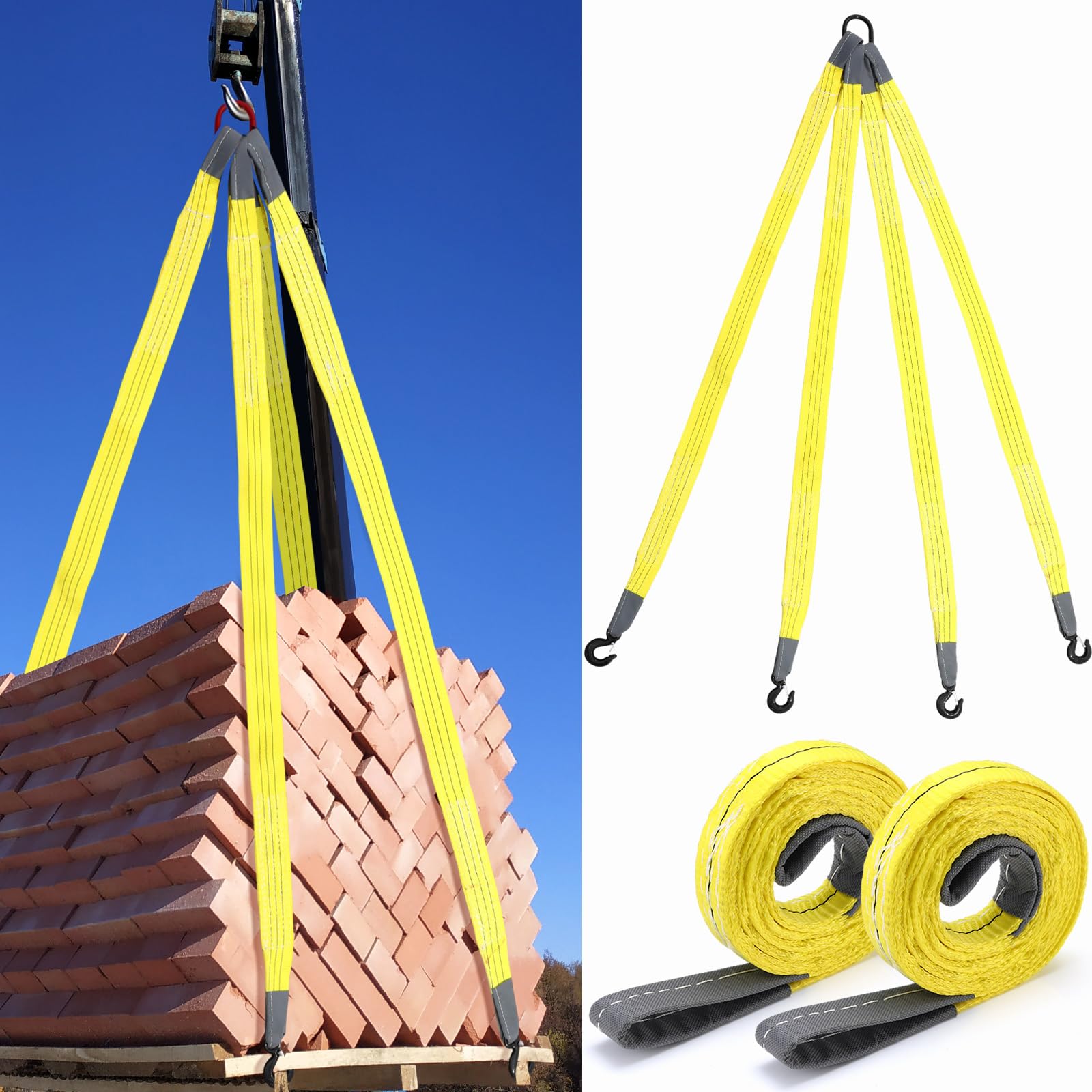 Photo 1 of Vincreem 3 Pcs 6ft Lift Sling Straps with Hook 6000lb Four Leg Bridle Web Sling 2 Pcs Lifting Straps Heavy Duty 8900 Lbs Polyester Rigging Strap for Factory Construction Mining Port Towing Cargos Car