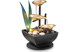 AMOOTEK Tabletop Fountain Desktop Fountain 3-Tier Indoor Golden Lotus Leaf Relaxation Fountains Tabletop Waterfall, Office Home Decor Including Lots of Natural River Rocks and Warm Yellow Scene Light