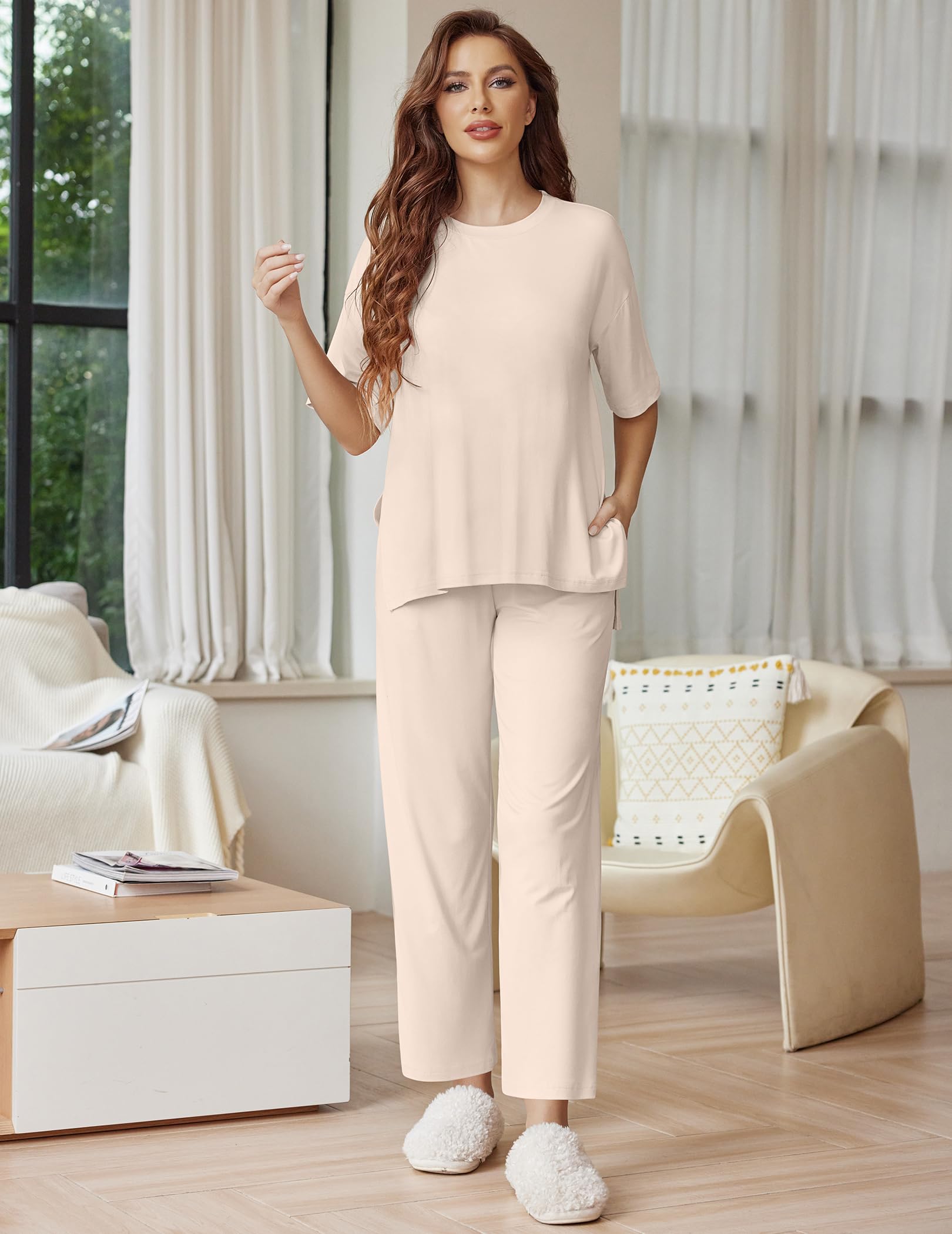 Ekouaer Lounge Sets for Women Short Sleeve Tops and Long Pants Soft Comfy Pajamas Set 2 Piece Outfits,Beige,M - Image 3