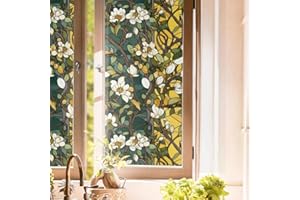 Vintage White Yellow Dark Green Flowers Leaf Stained Glass Window Films Decorative Double-Side Privacy Film Self-Adhesive Sta