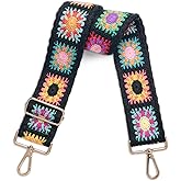 Snycler Wide Purse Straps Crochet Flower Replacement Crossbody for Handbag Adjustable 33-53inch Embroidery Knit Guitar Shoulder Strap (boho3-black)