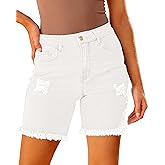 luvamia Jean Shorts for Women High Waisted Trendy Casual Distressed Stretchy Denim Long Shorts Ripped Raw Hem Shorts