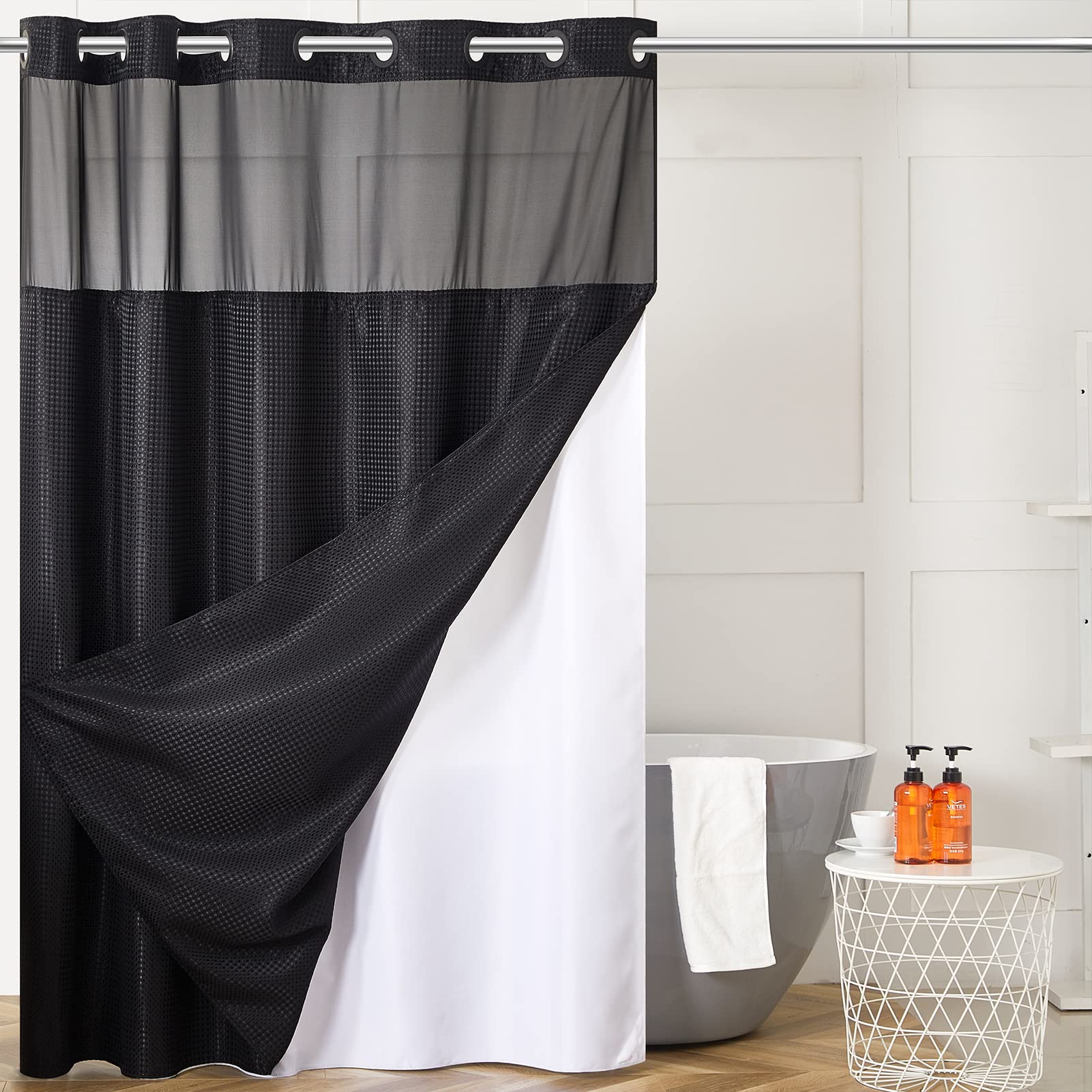 Furlinic Shower Curtain Hookless Black Jacquard Waffle Fabric 75inch Long Weighted Anti Mould with White Polyester Snap in Liner and Mesh Curtains for Bathroom and Bathtub-71x75.