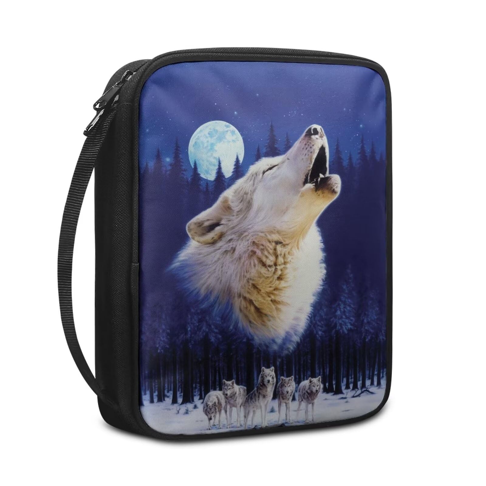 NETILGEN Bible Cover Case Zipper Bible Protective Portable Notebook Carrying Case with Handle Church Bag Perfect Gift for Women Men Girls, Moon Wolf
