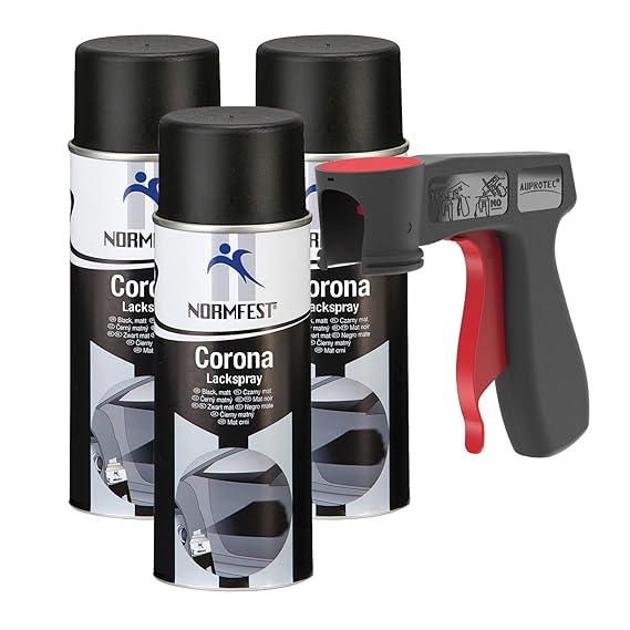 AUPROTEC Lackspray Corona Schwarz Matt Motor Lack Sprühlack Hitzefest 650°C Spray 3X 400ml + 1x Original Pistolengriff