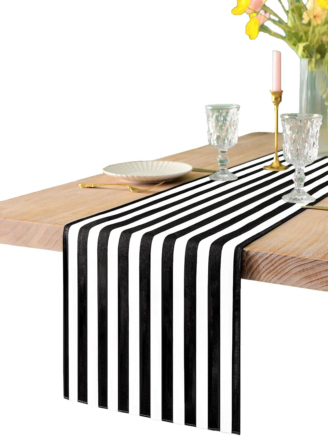 Photo 1 of Texson 12 X 48 inch Black and White Striped Table Runner, Boho Cotton Black and White Table Runner for Modern Wedding Party Decoration, Outdoor Indoor Thanksgiving Christmas Birthday Party