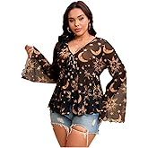 BEAUDRM Women's Plus Size Bell Sleeve Tops Mesh Sheer Tie Front 70s Hippie Shirts Western Flared Ruffle Blouses Peplum Top