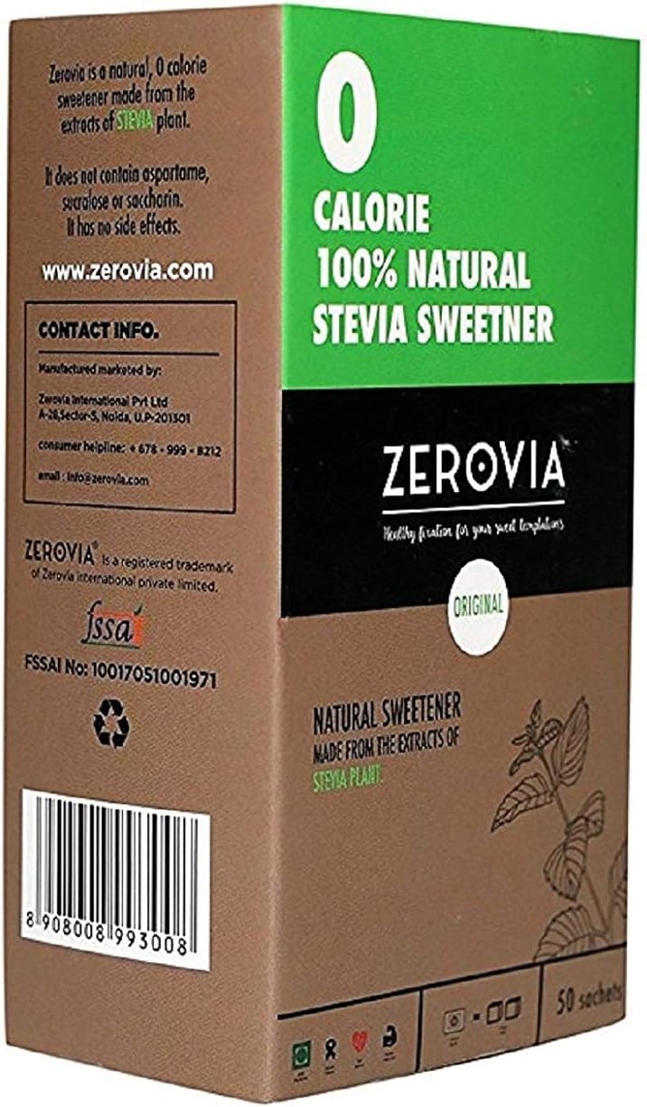 Zerovia Zero calorie Natural Sugar Substitute Stevia Sweetener (Pack of 50 Sachets) | Natural Sugar