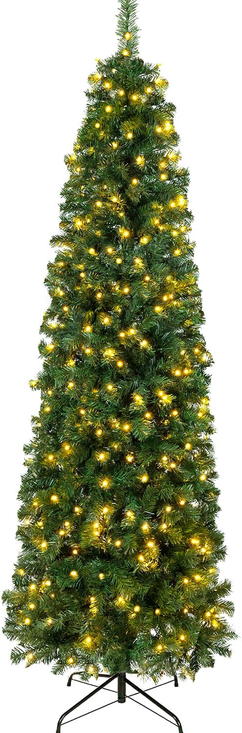 Trees - 7d24hcare 6.5ft Pre-Lit Pencil Christmas Tree, Artificial Skinny Christmas Tree W/Metal Hinges & Base, Perfect for Indoor Shops Office and Holiday