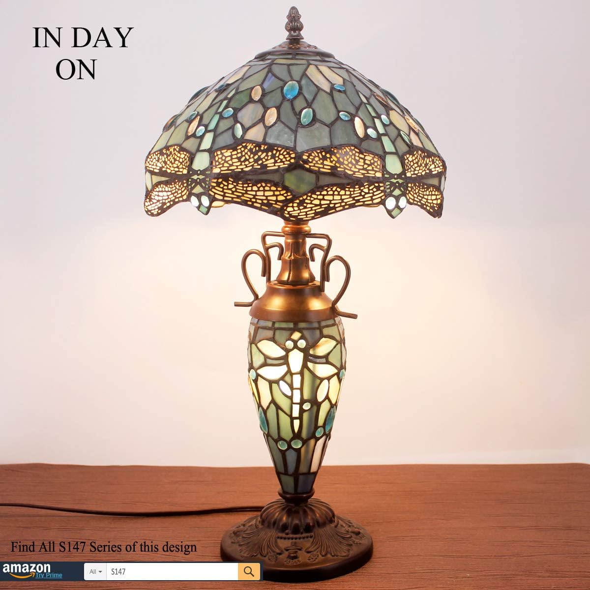 WERFACTORY Tiffany Table Lamp Sea Blue Stained Glass Dragonfly Style 12X12X22 Inches Mother-Daughter Vase Desk Reading Light Decor Bedroom Living Room Home Office S147 Series… - Image 5