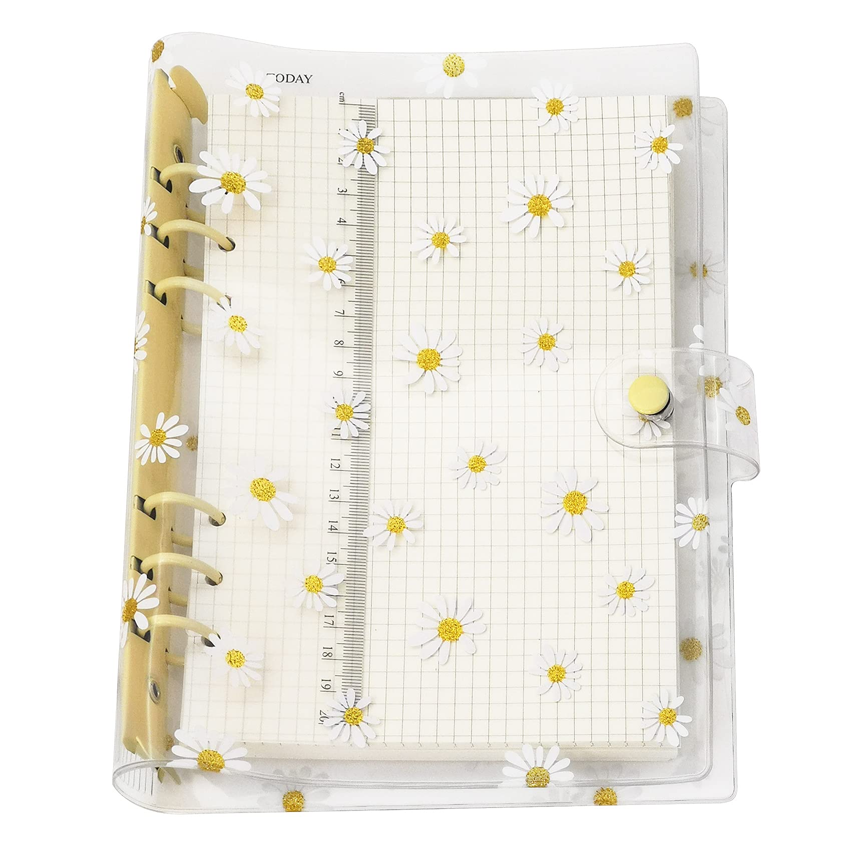 A6 A5 6-Holes Colorful PVC Cover Round Ring View Binder with Snap Button Closure File Folder (Yellow Daisy, A5 mini Set)