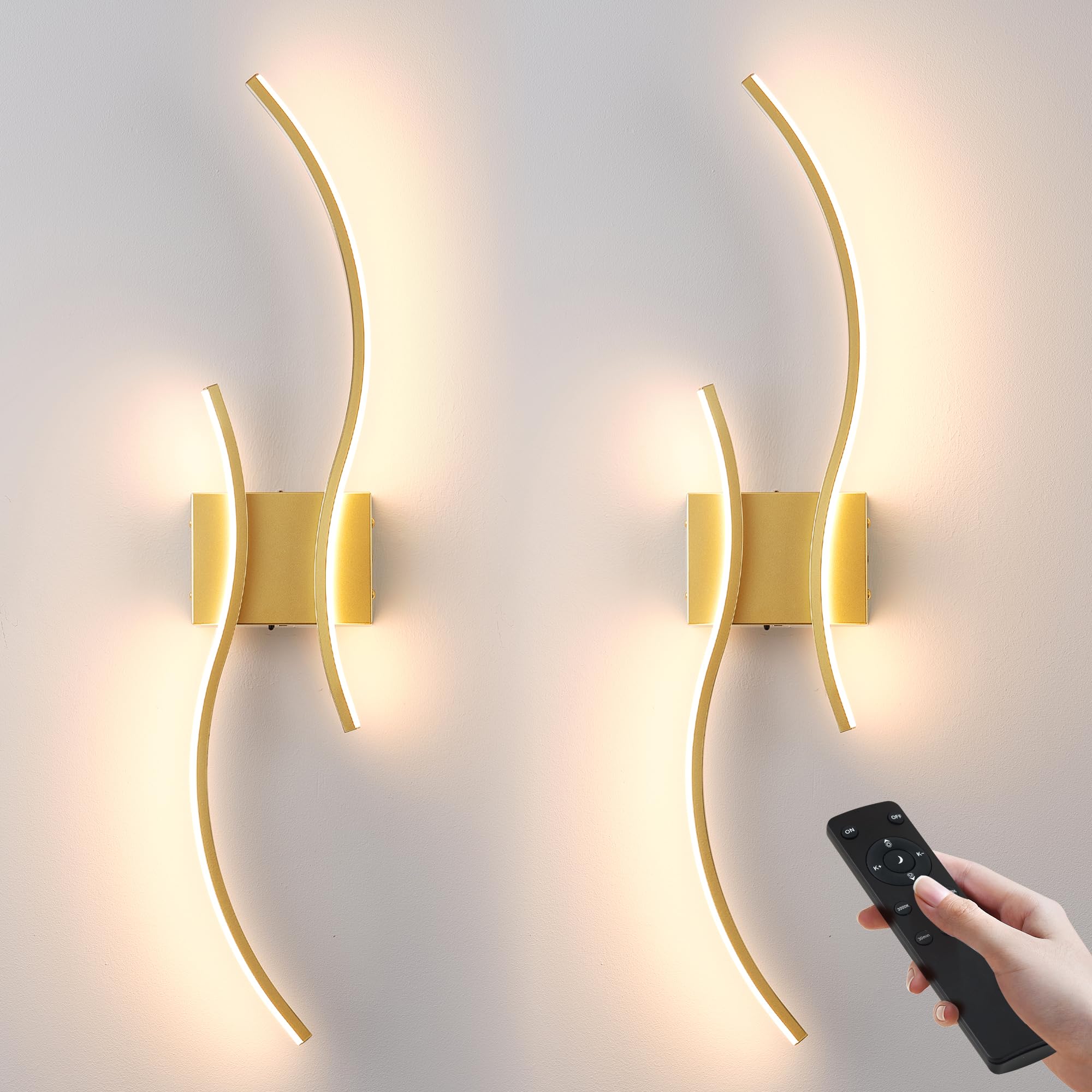 Photo 1 of Battery Operated Wall Sconces Set of Two with Remote Control, Battery Wall Light, Stepless Colors 3000K-6000K & Dimming, Gold Led Wall Lights for Living Room, Hallway, Bedroom, 27.5 Inch (2 Pack)