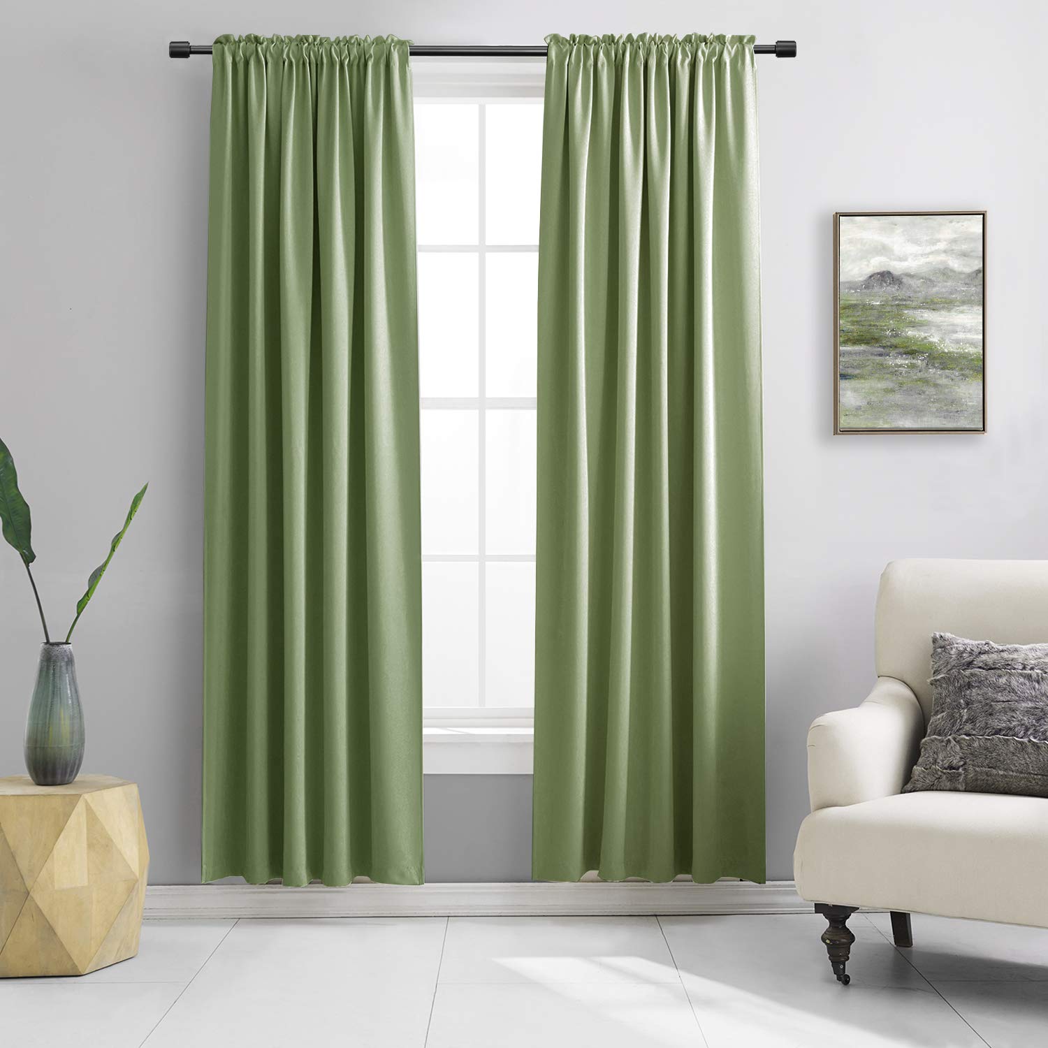 DONREN Sage Green Blackout Draperies Curtains for Bedroom -84 Inch Length Living Room Darkening Thermal Insulated Solid Rod Pocket Curtain Panels (42 x 84 Inches,2 Panels)