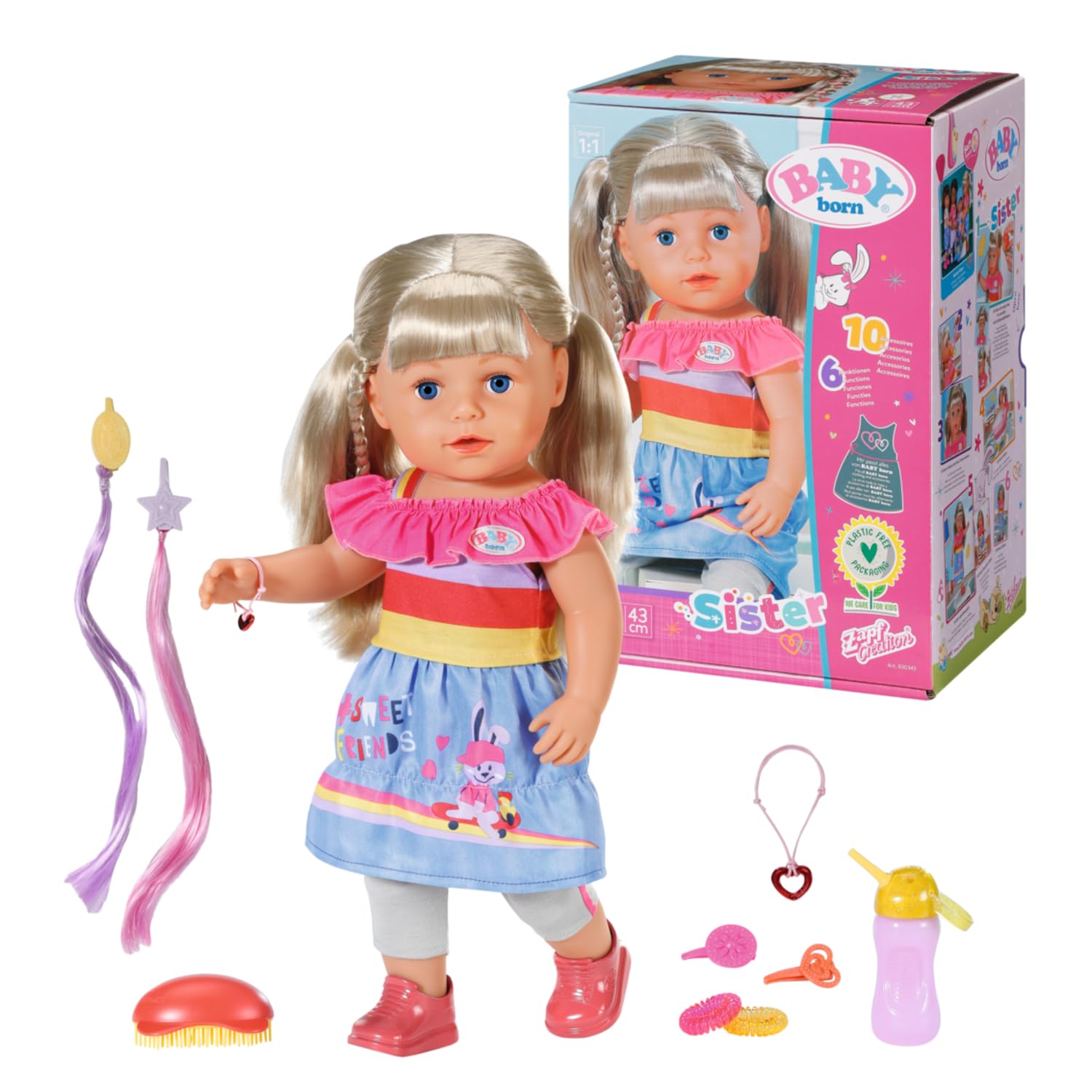 BABY born 830345 Big Sister Doll 43cm-6 Lifelike Functions, Blonde Hair-Easy for Small Hands, Creative Play Promotes Empathy & Social Skills, for Toddlers 4 Years & Up-Includes Outfit & 10 Accessories