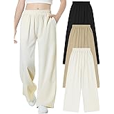 EXARUS 3 Pack Girls Wide Leg Pants Loose Trousers Linen Flowy with Pockets Elastic Waist Casual for Kids 6-12Y