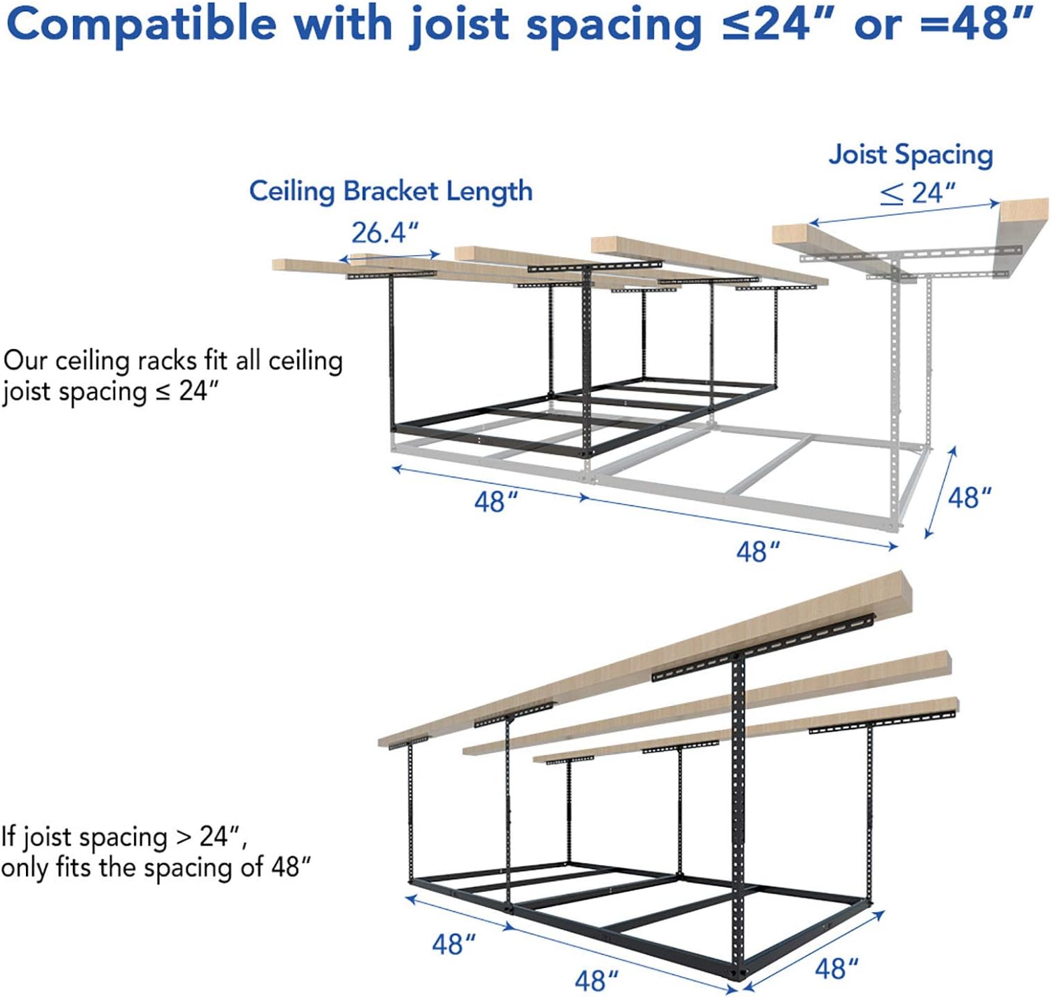 FLEXIMOUNTS 4x8 Overhead Garage Storage Rack without Decking Adjustable Ceiling Garage Rack Heavy Duty, 600lbs Weight Capacity 96" Length x 48" Width x (22''-40" Ceiling Dropdown), Black - - 