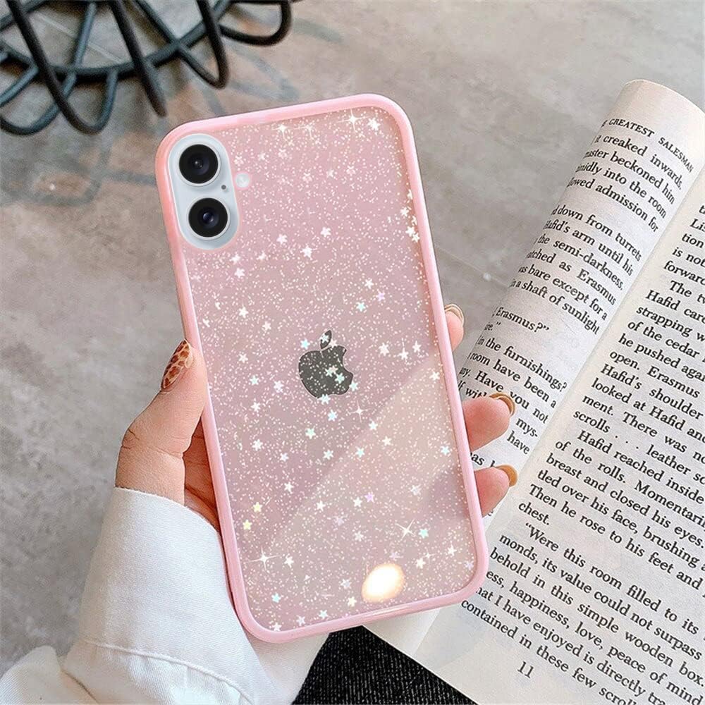 EKAM TPU Back Case for iPhone 16 - Glitter Translucent Sparkly Bling Design for Girls Women Liquid Silicone, Anti-scratch Shockproof Protective Cases for iPhone 16-6.1 Inch (Pink)